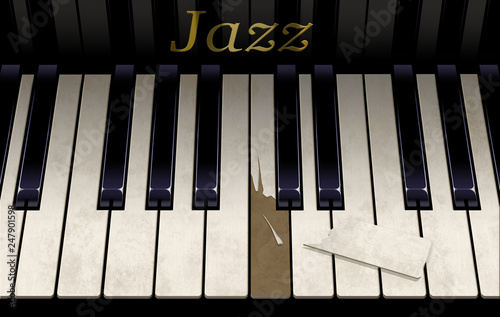 Photography An old jazz piano keyboard has a broken key from aggressive piano playing