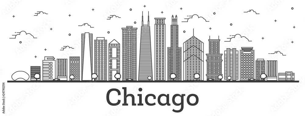 Outline Chicago Illinois City Skyline with Modern Buildings Isolated on White. Outline Chicago Illinois City Skyline with Modern Buildings Isolated on White.