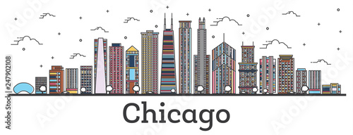 Outline Chicago Illinois City Skyline with Color Buildings Isolated on White.