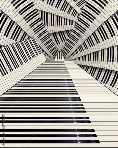 Piano keys seen in an unusual way makes a graphic design in this color illustration.