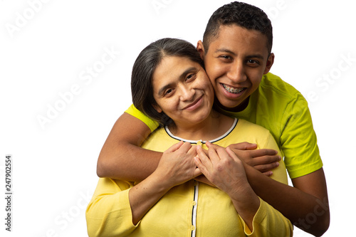 Happy Hispanic Mother with Teenage Son Isolated on White Background