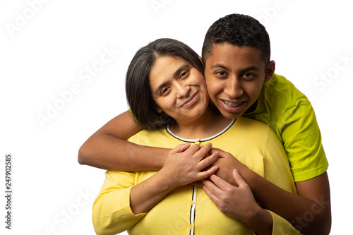 Happy Hispanic Mother with Teenage Son Isolated on White Background