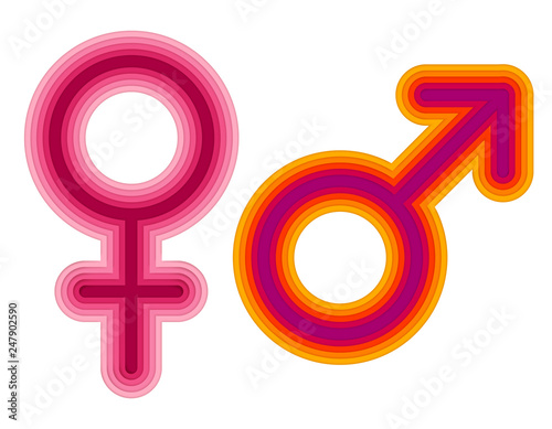 Vector astrological signs of Venus and Mars in modern and trendy paper cut style with 3d realistic effect isolated on white background. Illustration of female and male symbols.