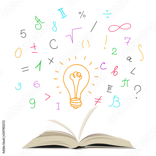 open book with mathematical symbols and numbers. light bulb ideas
