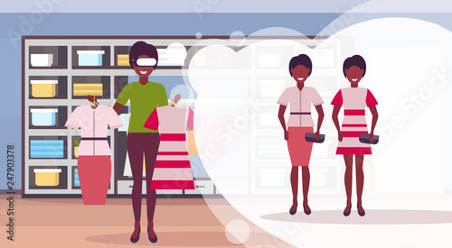 woman fashion boutique owner holding dress wearing digital glasses virtual reality girls buyers headset vision concept female clothes shopping mall interior characters full length flat horizontal