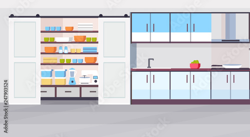 modern kitchen interior design open cupboard empty no people horizontal flat