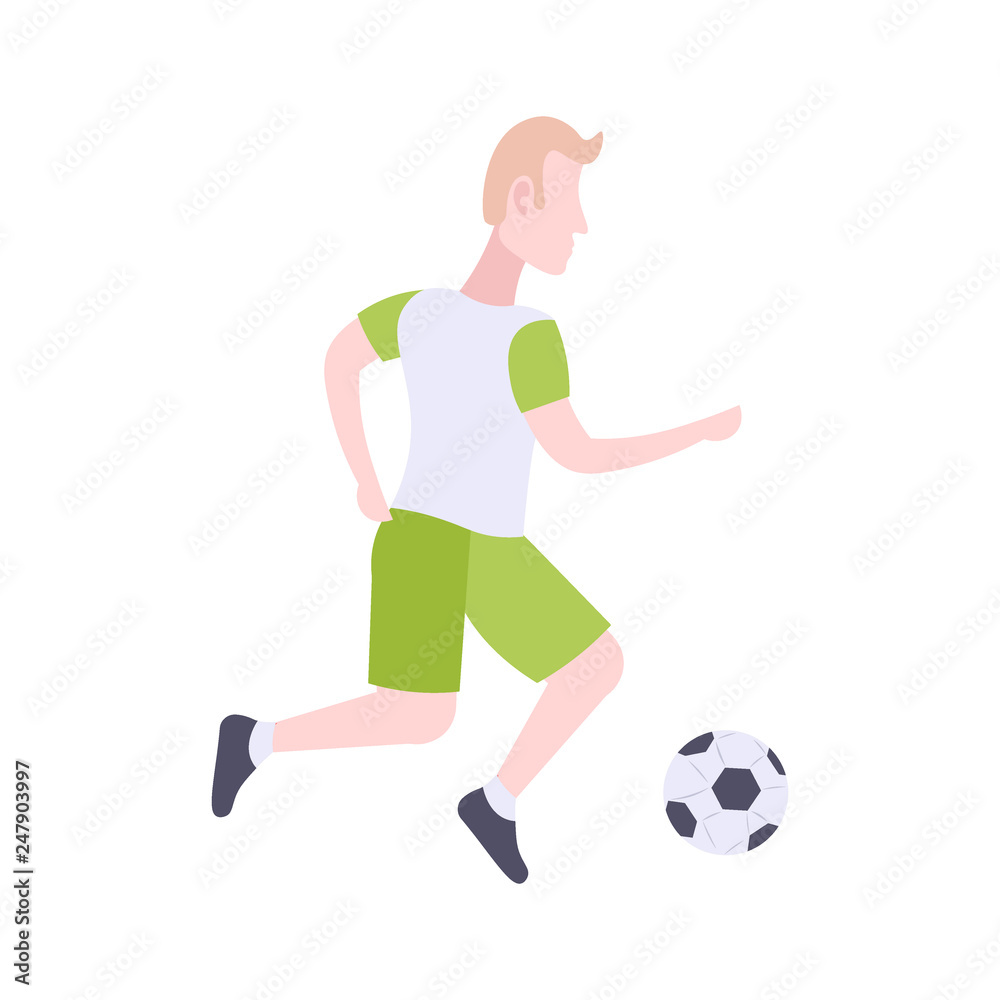 man professional soccer player kicks ball football concept guy running pose male cartoon character full length flat isolated