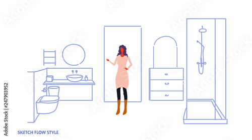 woman standing modern bathroom interior female cartoon character full length sketch flow style horizontal