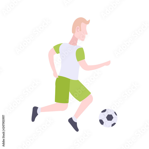 man professional soccer player kicks ball football concept guy running pose male cartoon character full length flat isolated © mast3r