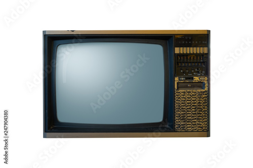 Retro old brown television from 80s isolated on white.