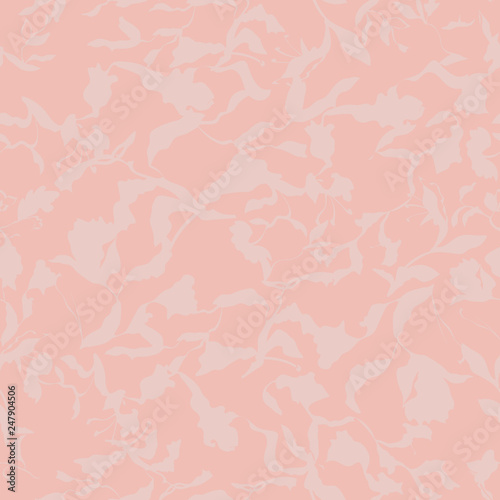 Floral seamless repeat pattern. Coral leaves, flowers, tulips, irises, plants on pale pink background. Beautiful vector illustration.