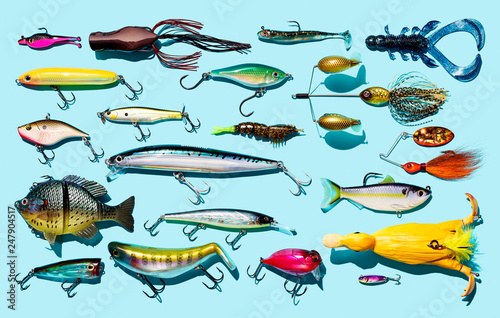 Fishing lures on a blue background