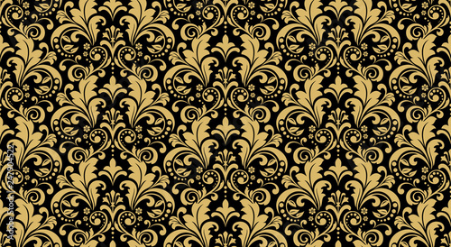 Wallpaper in the style of Baroque. Seamless vector background. Black and gold floral ornament. Graphic pattern for fabric, wallpaper, packaging. Ornate Damask flower ornament