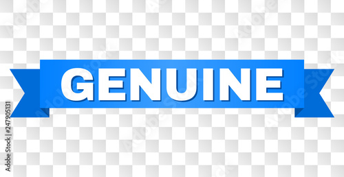 GENUINE text on a ribbon. Designed with white caption and blue stripe. Vector banner with GENUINE tag on a transparent background.