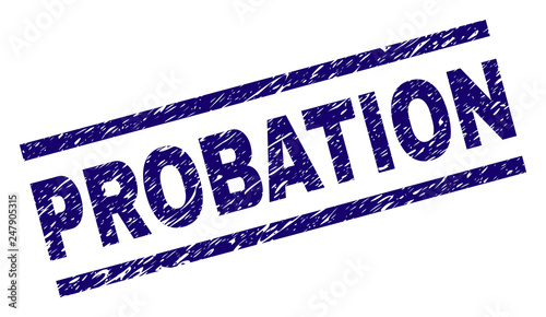 PROBATION seal print with grunge style. Blue vector rubber print of PROBATION caption with grunge texture. Text tag is placed between parallel lines.