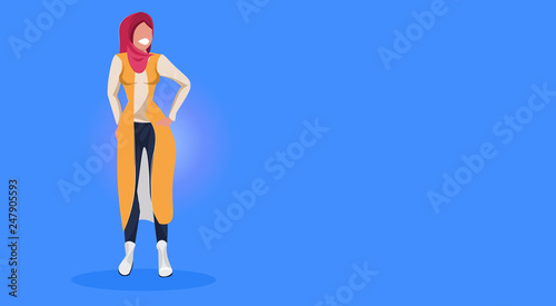 arab woman standing pose happy arabic girl wearing hijab fashion clothes muslim female cartoon character full length flat blue background horizontal