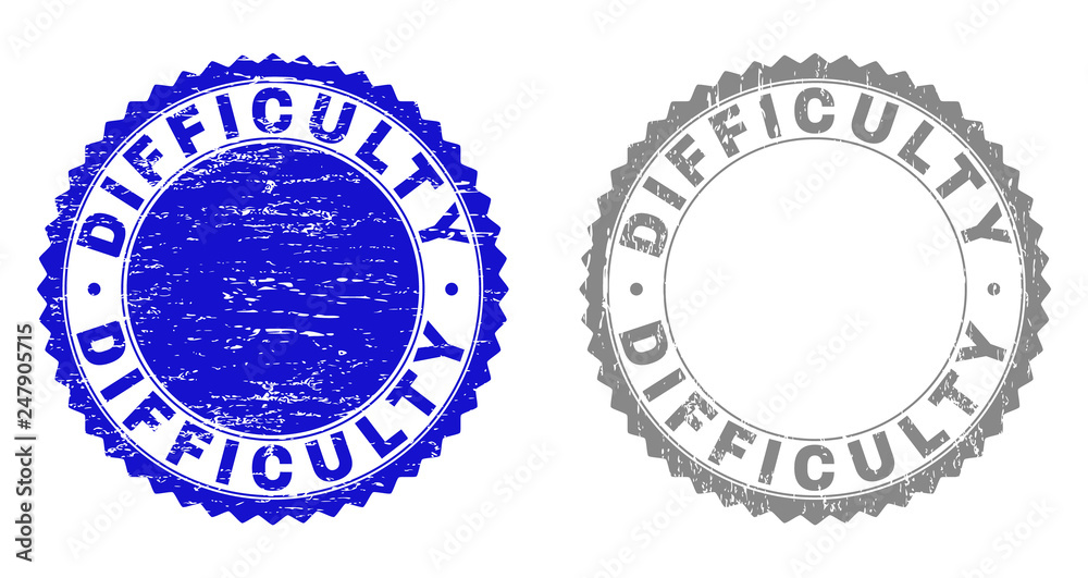 Grunge DIFFICULTY stamp seals isolated on a white background. Rosette seals with grunge texture in blue and grey colors. Vector rubber stamp imprint of DIFFICULTY text inside round rosette.