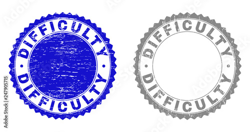 Grunge DIFFICULTY stamp seals isolated on a white background. Rosette seals with grunge texture in blue and grey colors. Vector rubber stamp imprint of DIFFICULTY text inside round rosette.