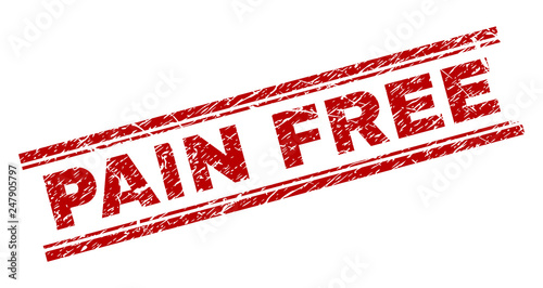 PAIN FREE seal print with grunge texture. Red vector rubber print of PAIN FREE label with scratched texture. Text label is placed between double parallel lines.