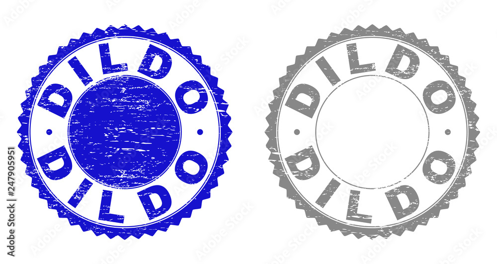Grunge DILDO stamp seals isolated on a white background. Rosette seals with grunge texture in blue and grey colors. Vector rubber stamp imprint of DILDO text inside round rosette. Grunge DILDO stamp seals isolated on a white background. Rosette seals with grunge texture in blue and grey colors. Vector rubber stamp imprint of DILDO text inside round rosette.