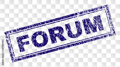 FORUM stamp seal print with rubber print style and double framed rectangle shape. Stamp is placed on a transparent background. Blue vector rubber print of FORUM title with unclean texture.