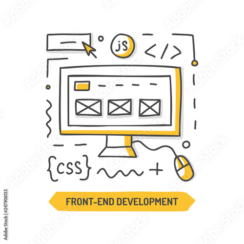 Front-end development doodle icon. Website cteation. Hand drawn vector illustration.