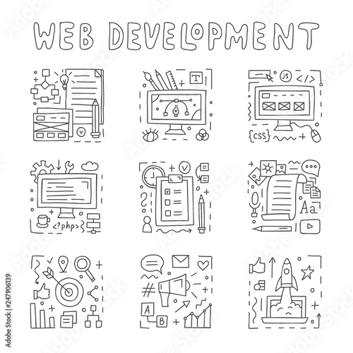 Web development doodle icon set. Documentation, design, coding, content, marketing, startup, seo. Vector illustration.