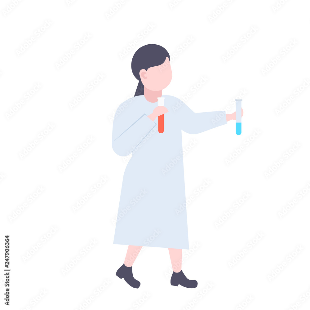 female scientist holding test tubes with red and blue liquid woman assistant working at chemistry laboratory medical worker professional occupation concept length flat isolated female scientist holding test tubes with red and blue liquid woman assistant working at chemistry laboratory medical worker professional occupation concept length flat isolated