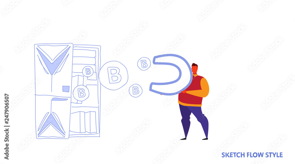 man holding magnet pulling bitcoin coins from mining farm server room crypto currency concept attracting money sketch flow style horizontal man holding magnet pulling bitcoin coins from mining farm server room crypto currency concept attracting money sketch flow style horizontal