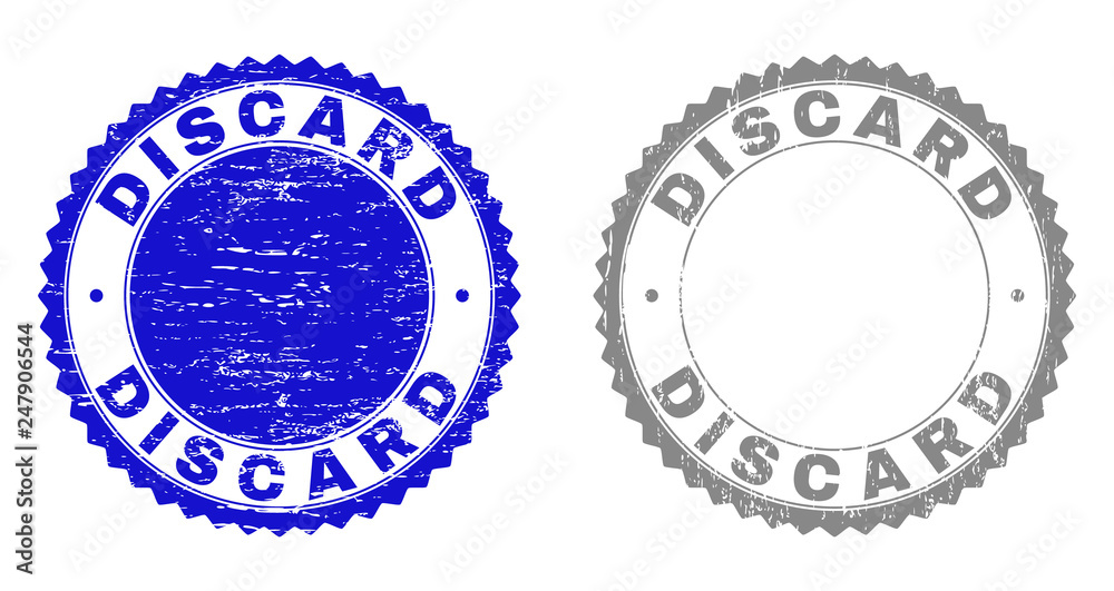 Grunge DISCARD stamp seals isolated on a white background. Rosette seals with grunge texture in blue and grey colors. Vector rubber stamp imitation of DISCARD text inside round rosette. Grunge DISCARD stamp seals isolated on a white background. Rosette seals with grunge texture in blue and grey colors. Vector rubber stamp imitation of DISCARD text inside round rosette.