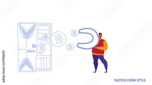 man holding magnet pulling bitcoin coins from mining farm server room crypto currency concept attracting money sketch flow style horizontal