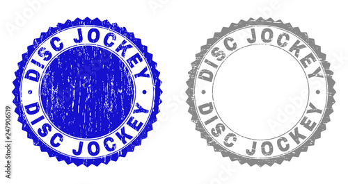 Grunge DISC JOCKEY stamp seals isolated on a white background. Rosette seals with grunge texture in blue and grey colors. Vector rubber stamp imprint of DISC JOCKEY label inside round rosette.