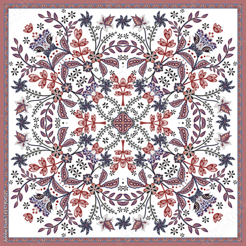 Fantastic flower ornament. Beautiful vector pattern.Design can be used for Card, bandana print, kerchief design, napkin.
