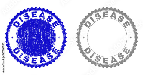 Grunge DISEASE stamp seals isolated on a white background. Rosette seals with grunge texture in blue and grey colors. Vector rubber overlay of DISEASE text inside round rosette.