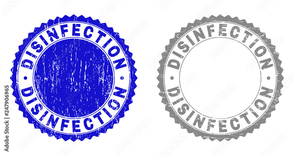 Grunge DISINFECTION stamp seals isolated on a white background. Rosette seals with grunge texture in blue and grey colors. Vector rubber watermark of DISINFECTION caption inside round rosette. Grunge DISINFECTION stamp seals isolated on a white background. Rosette seals with grunge texture in blue and grey colors. Vector rubber watermark of DISINFECTION caption inside round rosette.