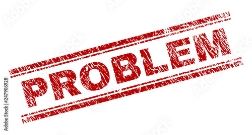 PROBLEM seal imprint with distress texture. Red vector rubber print of PROBLEM caption with unclean texture. Text caption is placed between double parallel lines.