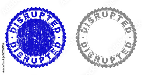 Grunge DISRUPTED stamp seals isolated on a white background. Rosette seals with grunge texture in blue and grey colors. Vector rubber stamp imprint of DISRUPTED tag inside round rosette.