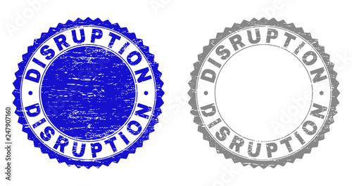 Grunge DISRUPTION stamp seals isolated on a white background. Rosette seals with grunge texture in blue and gray colors. Vector rubber stamp imprint of DISRUPTION title inside round rosette.
