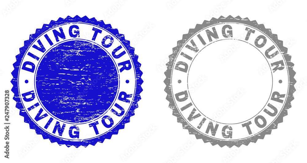 Grunge DIVING TOUR stamp seals isolated on a white background. Rosette seals with distress texture in blue and grey colors. Vector rubber stamp imitation of DIVING TOUR caption inside round rosette.