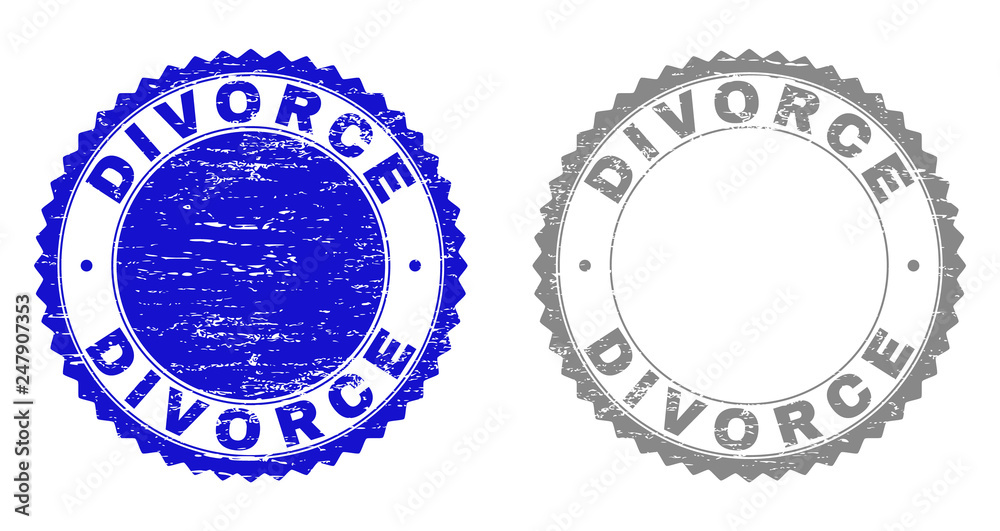 Grunge DIVORCE stamp seals isolated on a white background. Rosette seals with grunge texture in blue and grey colors. Vector rubber stamp imprint of DIVORCE caption inside round rosette.