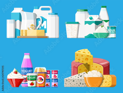 Dairy products set. Collection of milk food. Milk, cheese, yogurt, butter, sour cream, cottage, cream. Tradicional farm products. Vector illustration in flat style