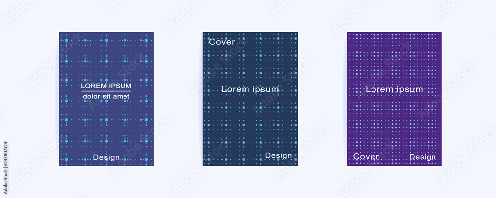 Cover layouts design with halftone dots. Mock up Cover Template for brochures, presentation, book, notebook, booklet, flyer, report, poster, album, magazine. Abstract geometric dark background.