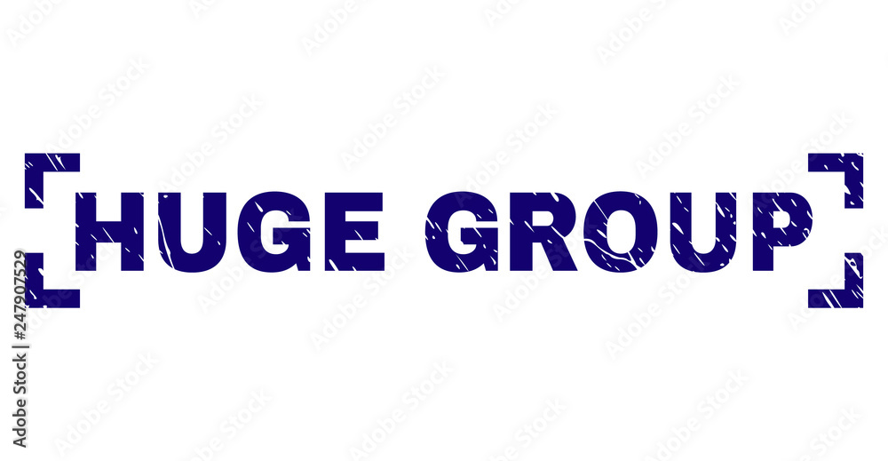 HUGE GROUP text seal print with grunge style. Text caption is placed inside corners. Blue vector rubber print of HUGE GROUP with grunge texture.