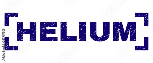 HELIUM caption seal print with distress texture. Text tag is placed between corners. Blue vector rubber print of HELIUM with dust texture.