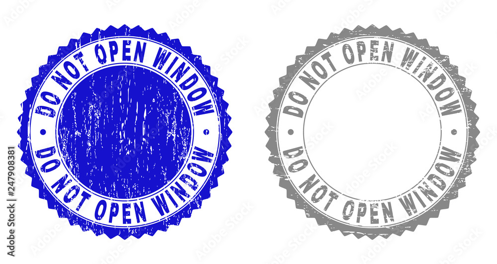 Grunge DO NOT OPEN WINDOW watermarks isolated on a white background. Rosette seals with grunge texture in blue and gray colors.