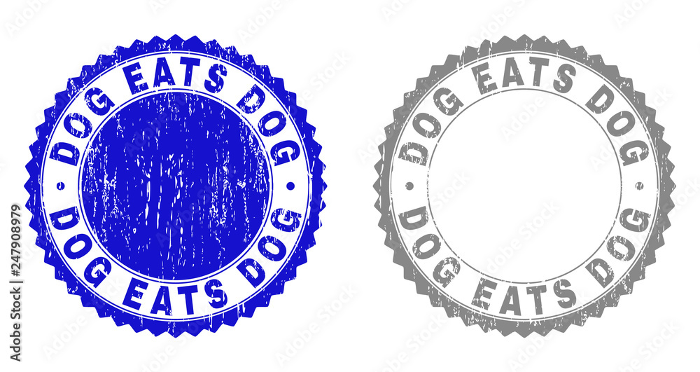 Grunge DOG EATS DOG watermarks isolated on a white background. Rosette seals with grunge texture in blue and grey colors. Vector rubber stamp imprint of DOG EATS DOG title inside round rosette. Grunge DOG EATS DOG watermarks isolated on a white background. Rosette seals with grunge texture in blue and grey colors. Vector rubber stamp imprint of DOG EATS DOG title inside round rosette.