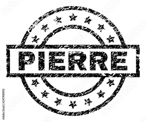 PIERRE stamp seal watermark with distress style. Designed with rectangle, circles and stars. Black vector rubber print of PIERRE text with unclean texture.