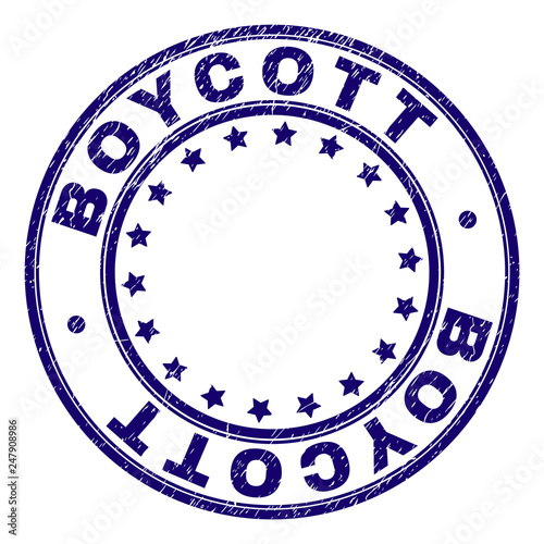 BOYCOTT stamp seal imprint with grunge texture. Designed with circles and stars. Blue vector rubber print of BOYCOTT title with grunge texture.