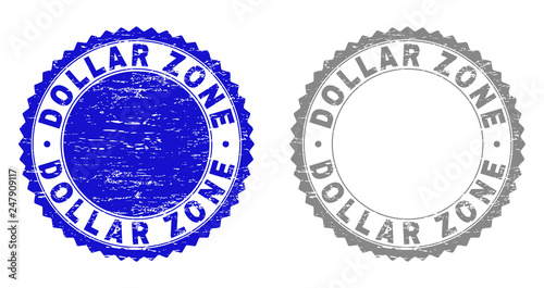 Grunge DOLLAR ZONE stamp seals isolated on a white background. Rosette seals with grunge texture in blue and gray colors. Vector rubber stamp imitation of DOLLAR ZONE title inside round rosette.