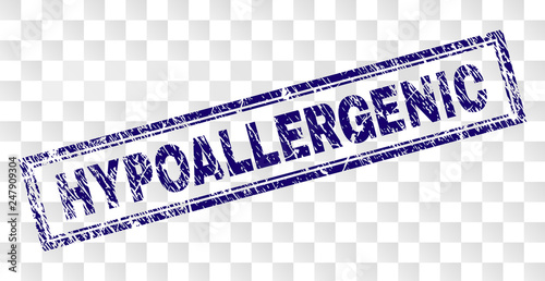 HYPOALLERGENIC stamp seal imprint with rubber print style and double framed rectangle shape. Stamp is placed on a transparent background.